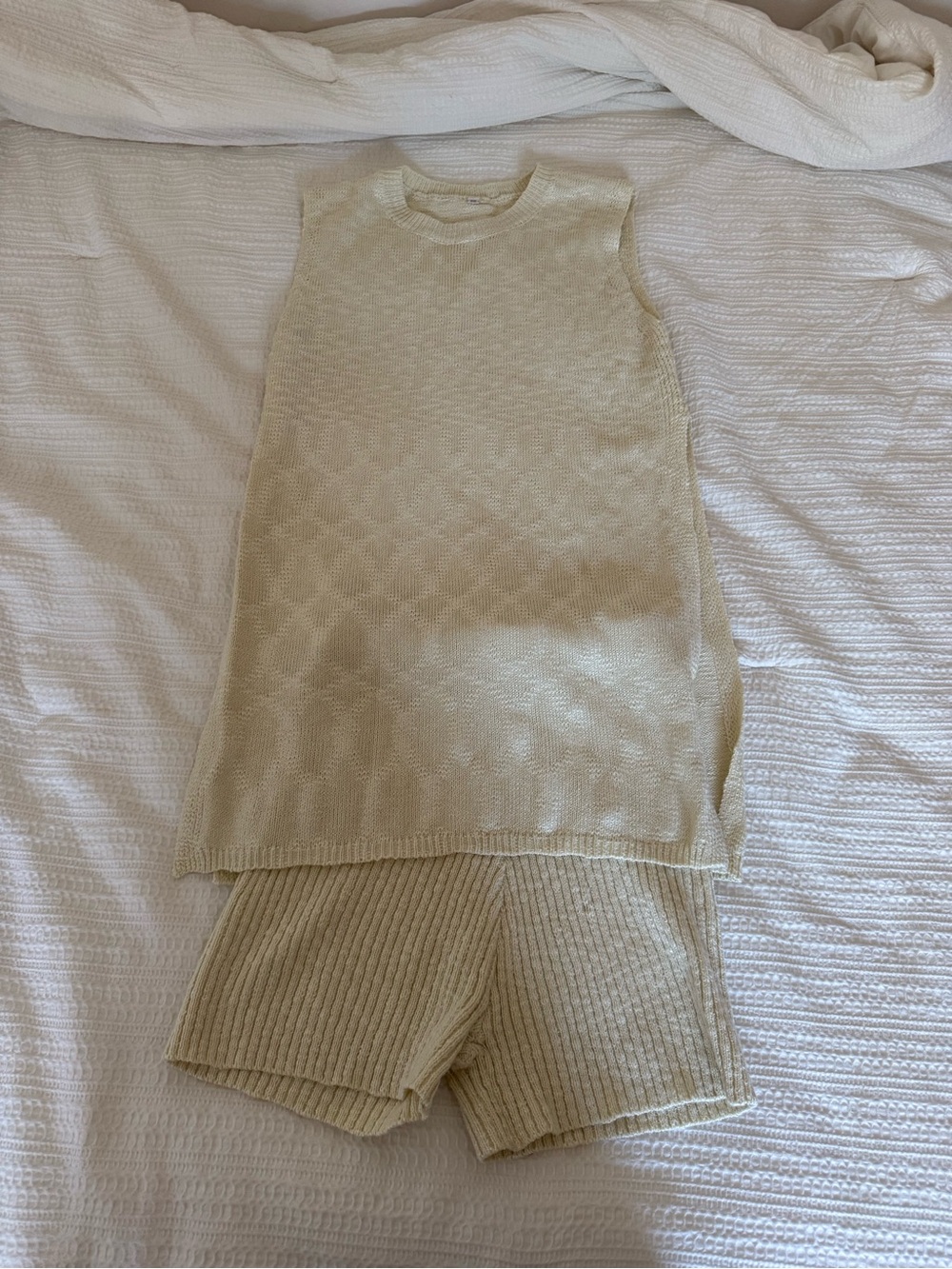 Light Cream Knit Tank and Ribbed Shorts Set